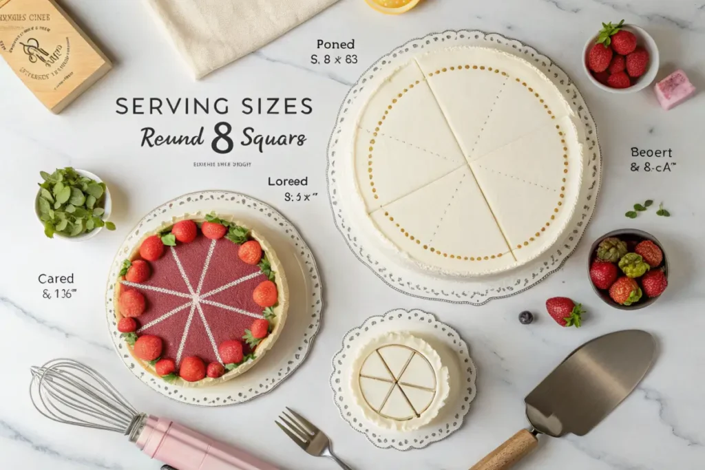 Chart of serving sizes for round and square 8-inch cakes