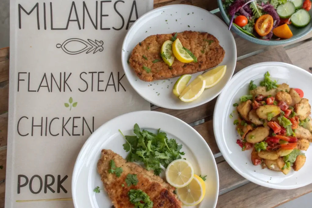 Overhead view of Milanesa made with flank steak, chicken, and pork