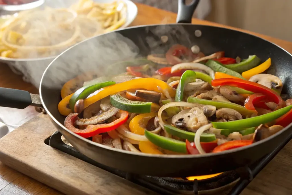 Sautéed onions and bell peppers in a skillet