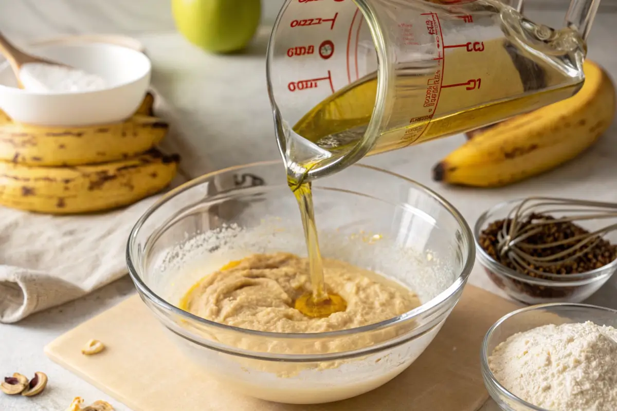 Vegetable oil being poured into banana bread batter