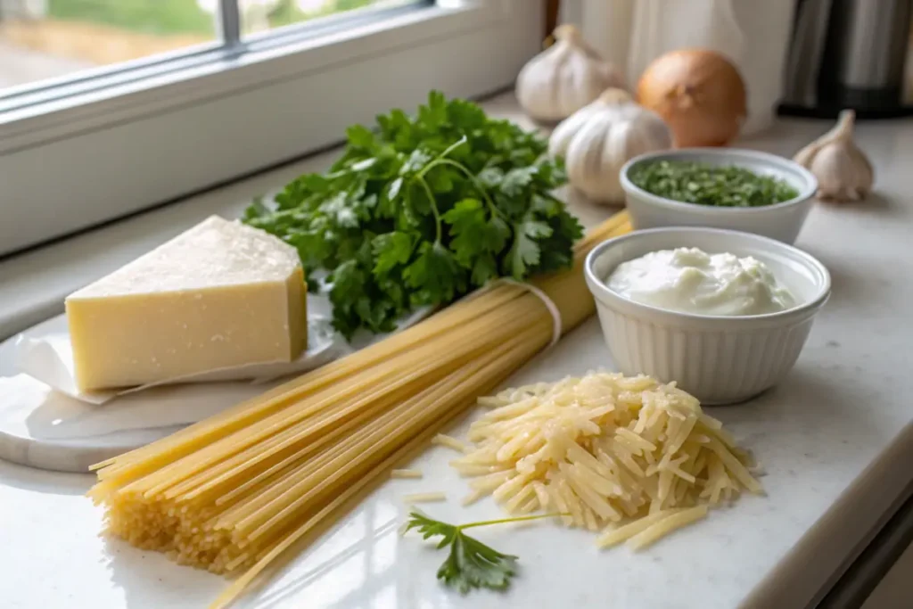 Ingredients for Alfredo spaghetti on a countertop