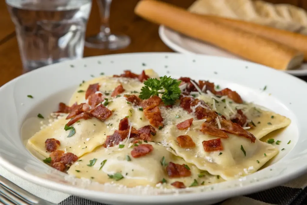 Plate of Olive Garden’s Ravioli Carbonara