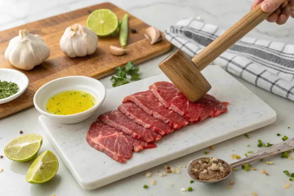 Raw thin beef being tenderized with a meat mallet