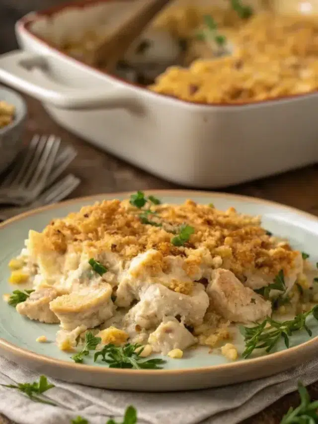 A plate of Million Dollar Chicken Casserole with crispy topping