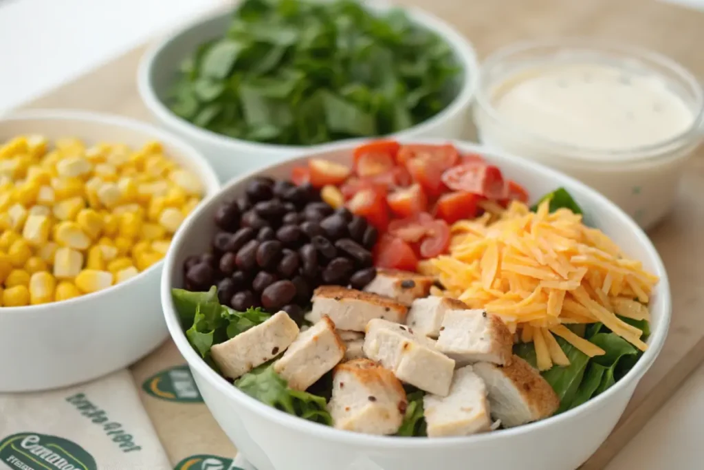 Ingredients of Wendy’s Southwest Chicken Salad arranged in bowls