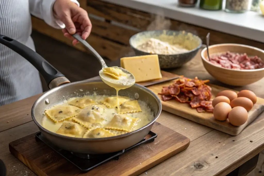 Preparation of ravioli carbonara in a saucepan with ingredients nearby