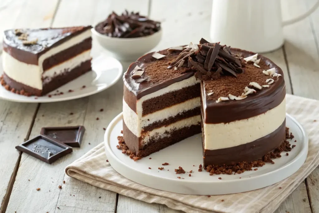 sliced tuxedo cake revealing its distinct layers of chocolate cake, mousse, and ganache