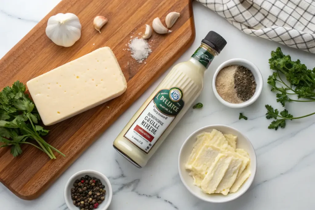 Ingredients for Alfredo sauce on a wooden board