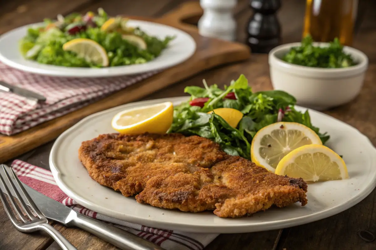 Crispy golden Milanesa steak served with salad and lemon wedges