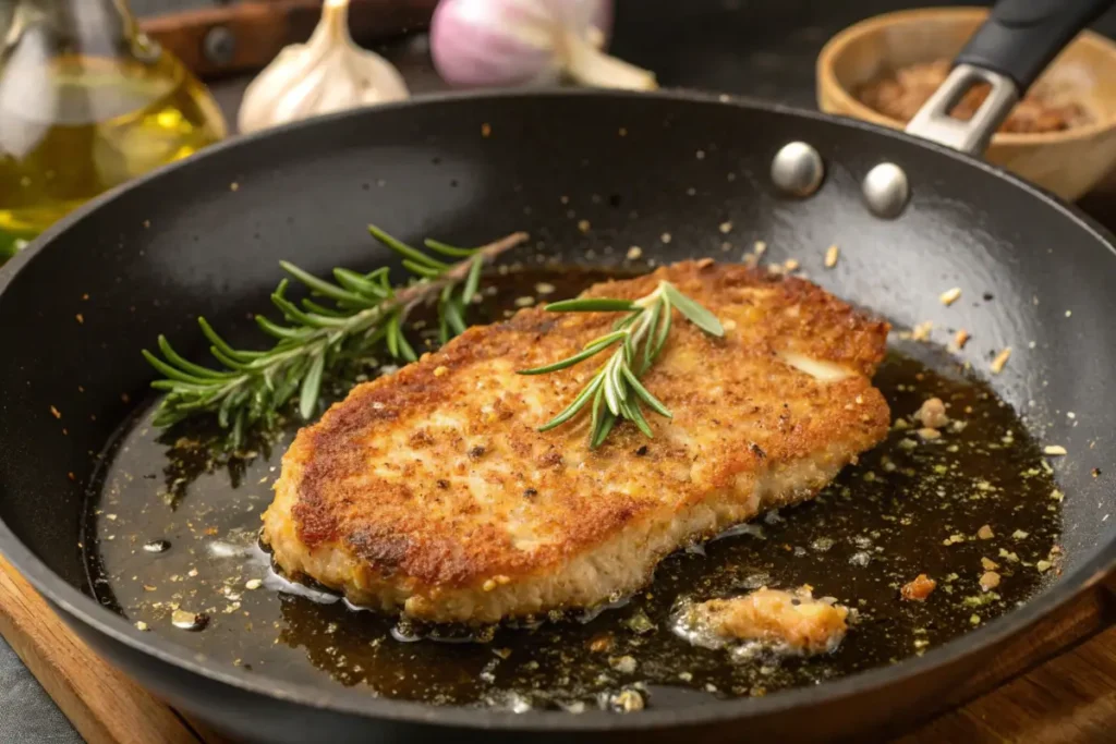 Milanesa steak frying in a hot skillet with golden breadcrumbs