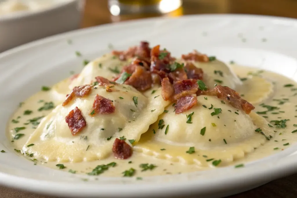 Close-up of Olive Garden ravioli with creamy carbonara sauce