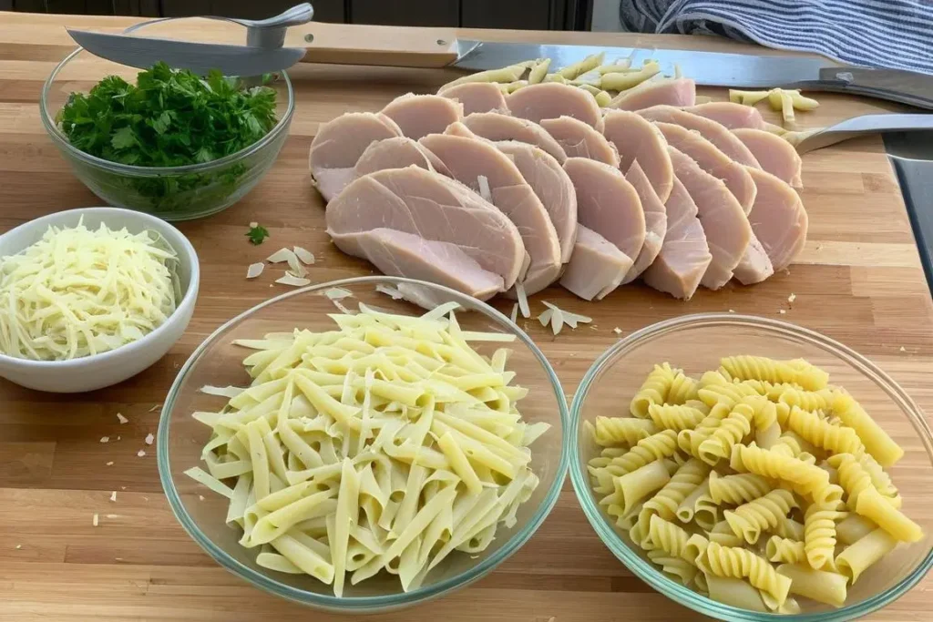 Creamy garlic Parmesan chicken pasta garnished with parsley and Parmesan cheese