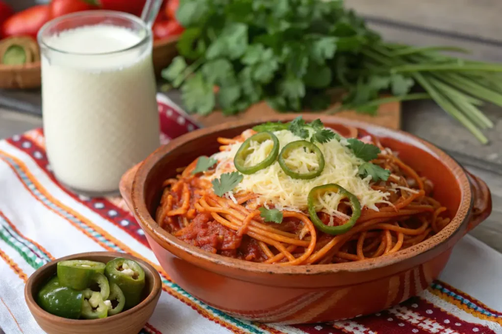 Mexican spaghetti with red sauce and jalapeños