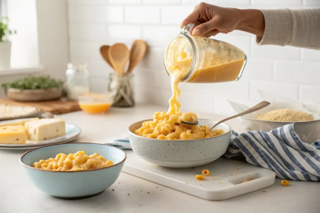 Hand Sprinkling spices on mac and cheese