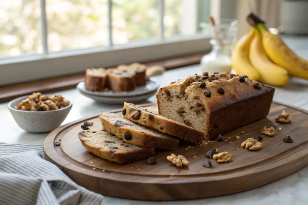 Sliced banana bread topped with chocolate chips and walnuts