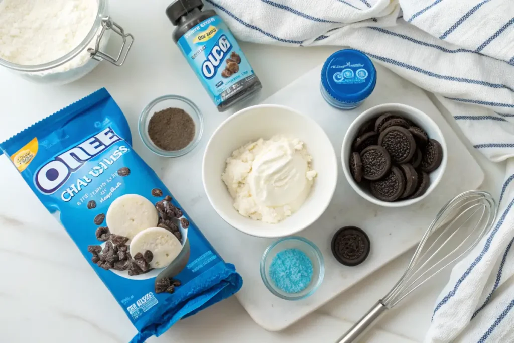 Ingredients for making Cookie Monster ice cream on a counter