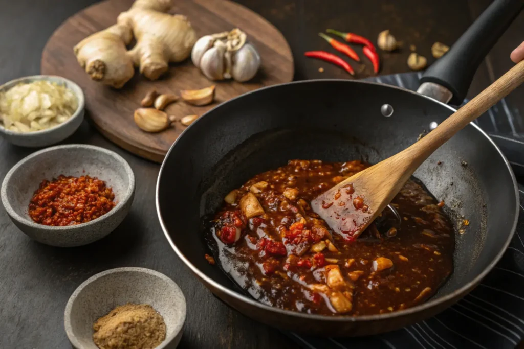 Preparation of Empress Chicken sauce in a wok