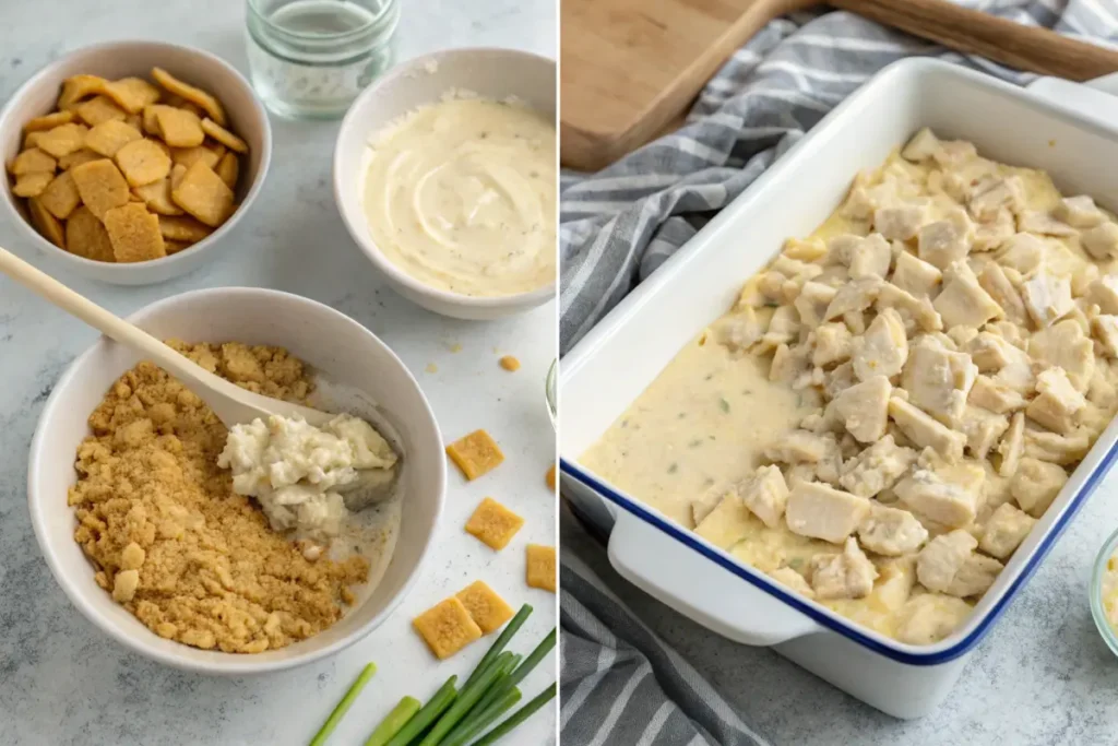 Preparing Million Dollar Chicken Casserole with creamy filling and cracker topping