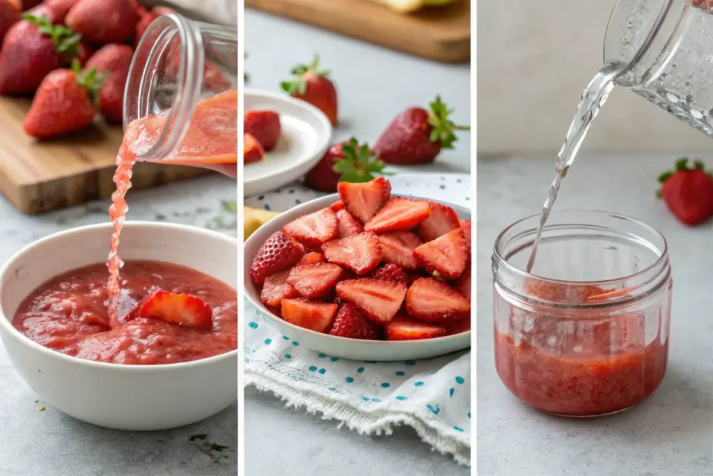 Step-by-step process of making strawberry puree at home.