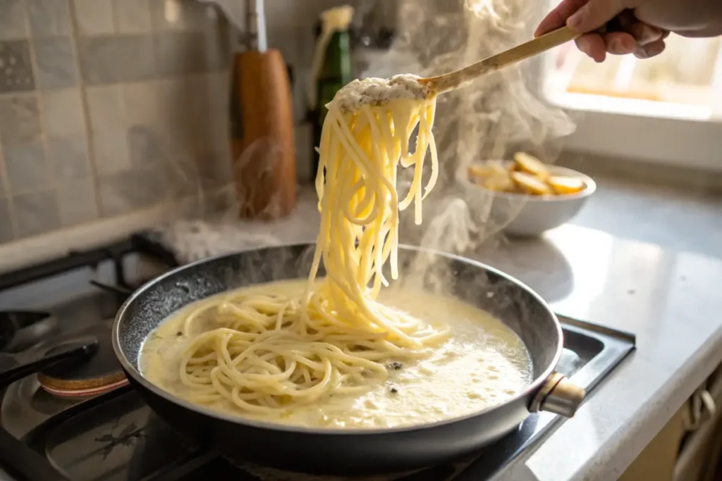 Cooking Alfredo spaghetti in a creamy sauce