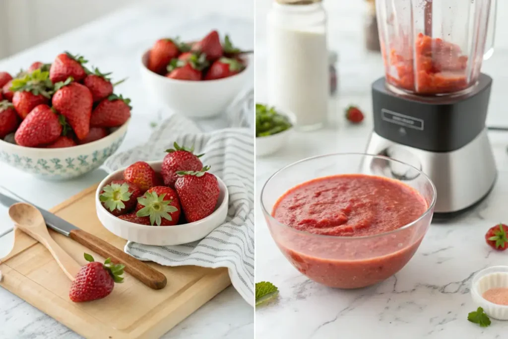 Making strawberry puree with fresh strawberries and a blender