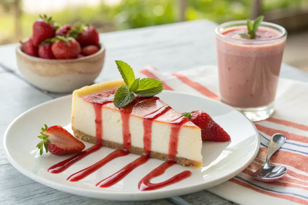 Strawberry puree used as a topping for cheesecake and a smoothie