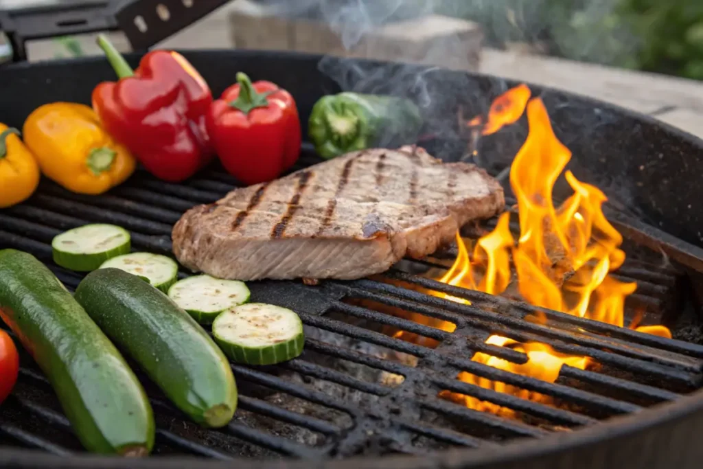 Thin steak grilling with vegetables on a barbecue