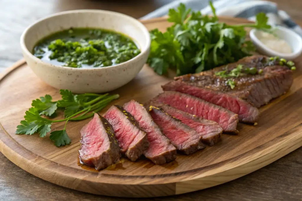 Thin steak slices with parsley and chimichurri sauce