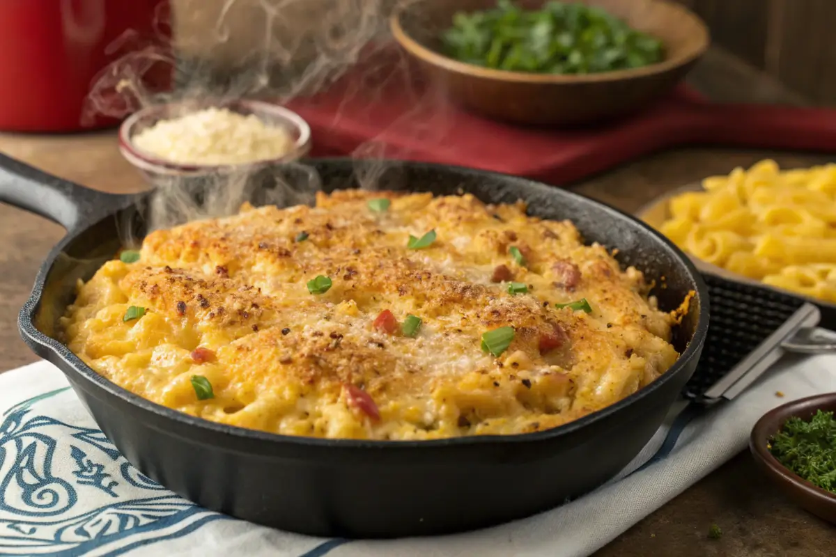 Creamy Cajun mac and cheese in a skillet.