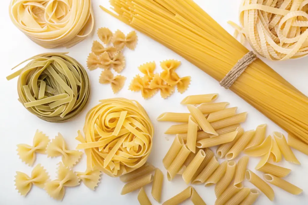 Different types of pasta for Alfredo sauce: linguine, penne, tagliatelle, pappardelle