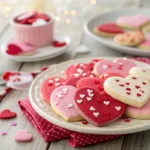 Plate of Valentine Cake Mix Cookies with festive decorations