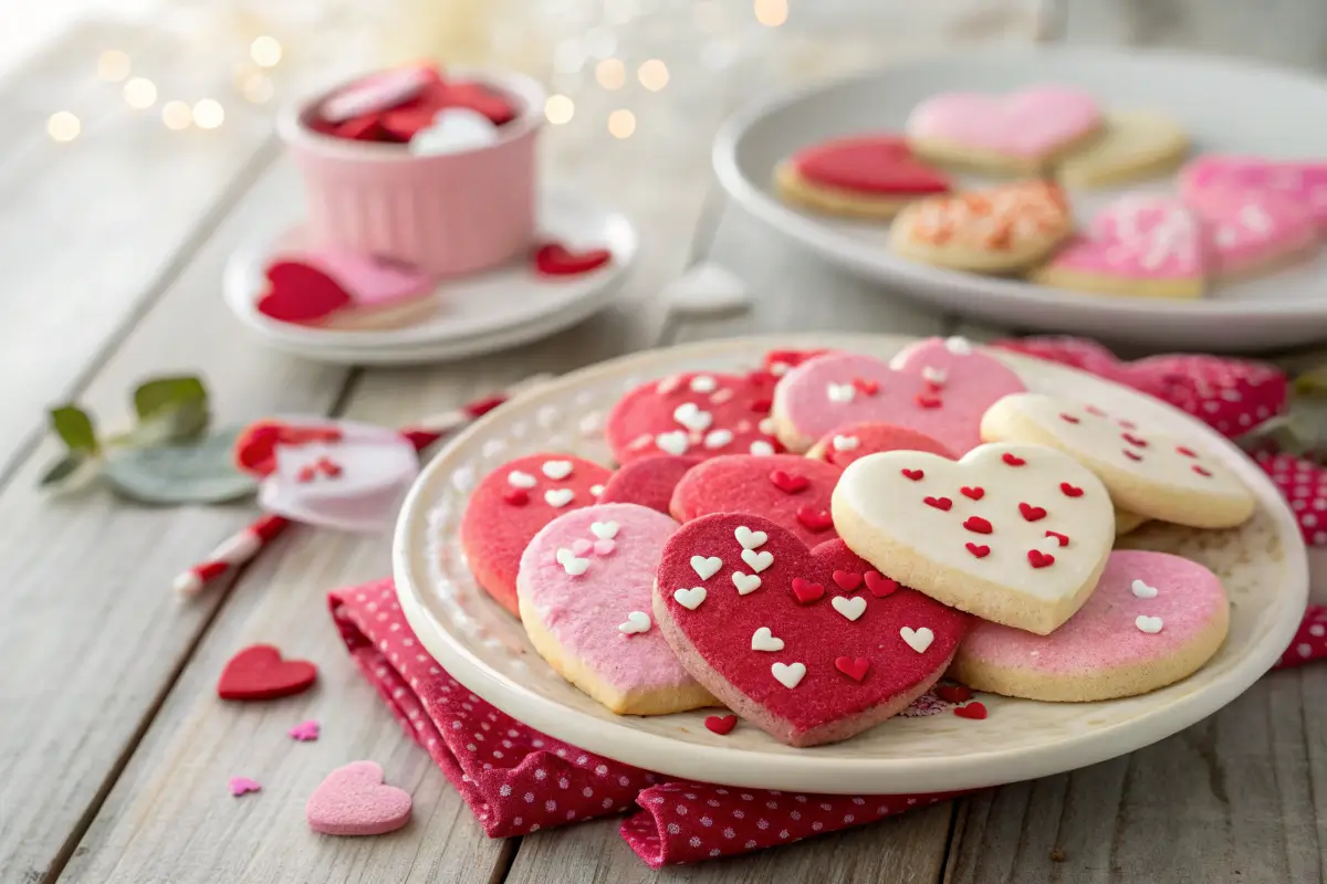 Plate of Valentine Cake Mix Cookies with festive decorations