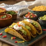 Golden fried tacos with toppings and Mexican side dishes