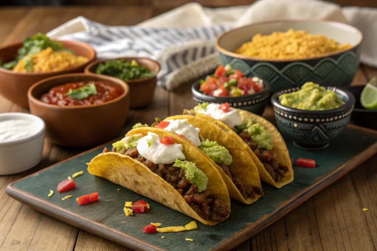 Golden fried tacos with toppings and Mexican side dishes