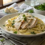 Plate of Creamy Garlic Chicken Pasta garnished with parsley