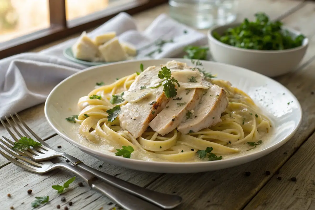 Plate of Creamy Garlic Chicken Pasta garnished with parsley