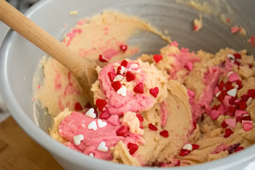 Mixing Valentine Cake Mix Cookie dough with sprinkles