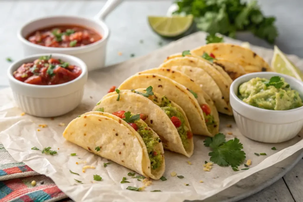 Baked tacos with cilantro and dipping sauces