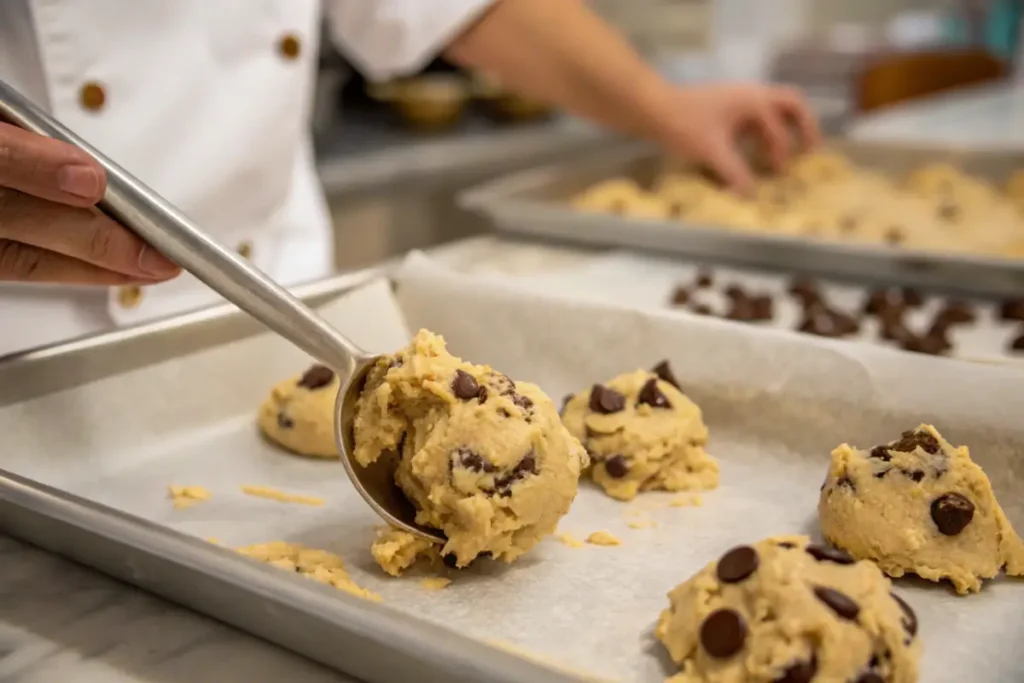 Close-up of cookie dough with chocolate chips being scooped onto a baking sheet