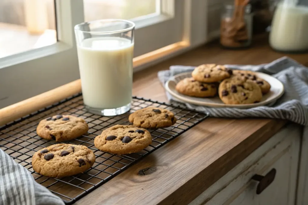 Freshly baked small batch chocolate chip cookies on a cooling rack with a glass of milk