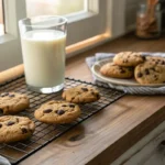 Freshly baked small batch chocolate chip cookies on a cooling rack with a glass of milk