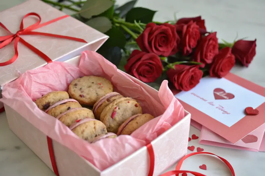 Gift box with Valentine Cake Mix Cookies and festive decorations