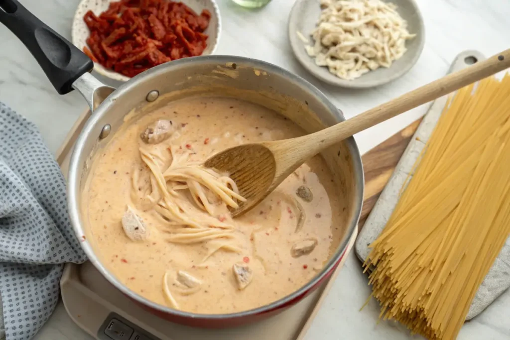 Preparing Rotel sauce in a pot for chicken spaghetti