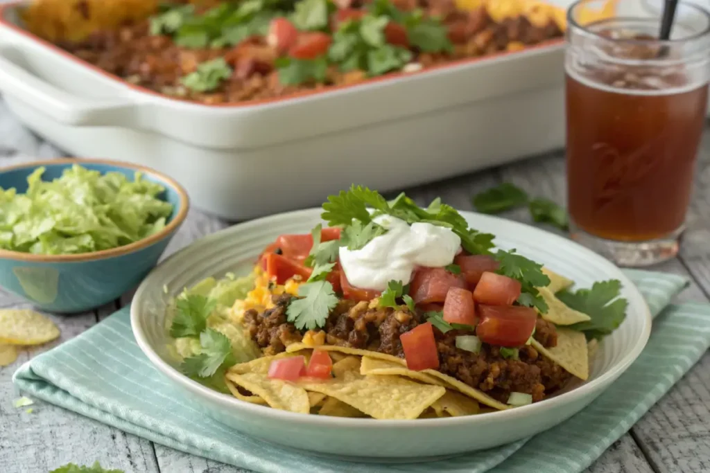 Plated walking taco casserole with toppings