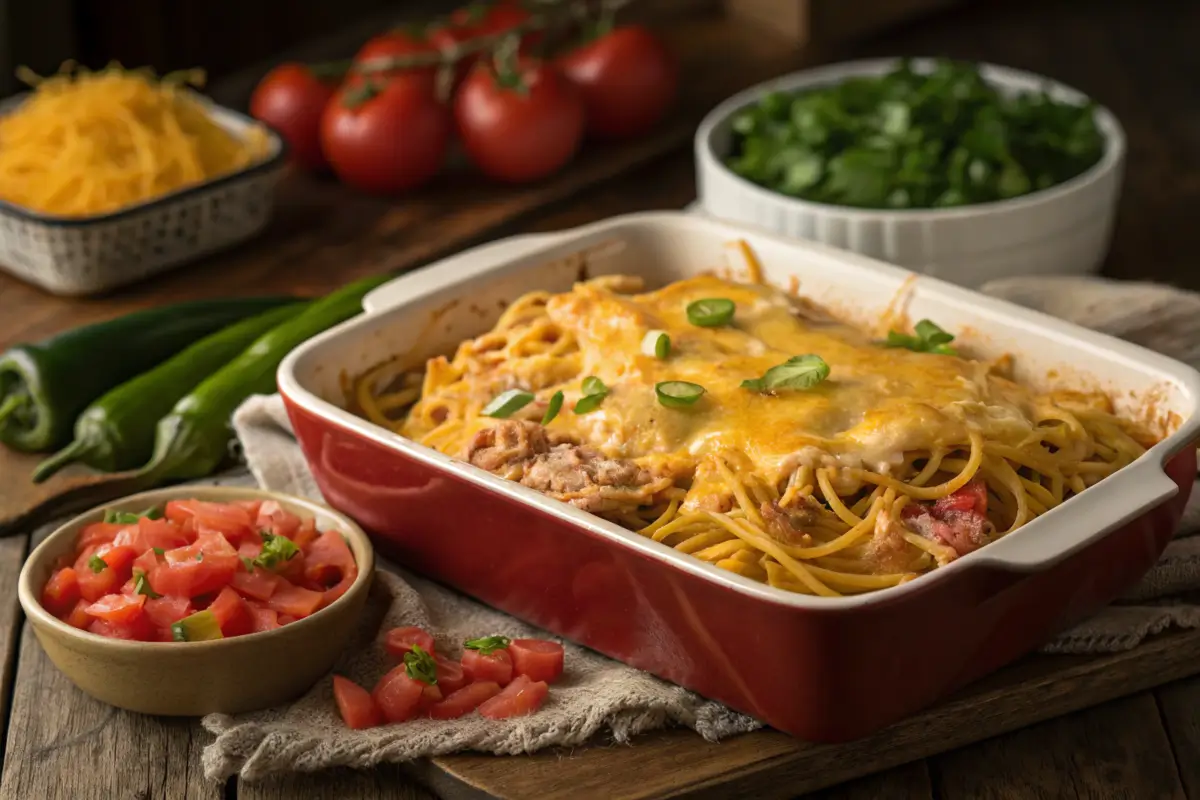 Chicken spaghetti with Rotel casserole topped with melted cheese