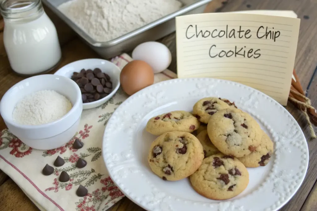 Plate of small batch chocolate chip cookies styled with baking ingredients