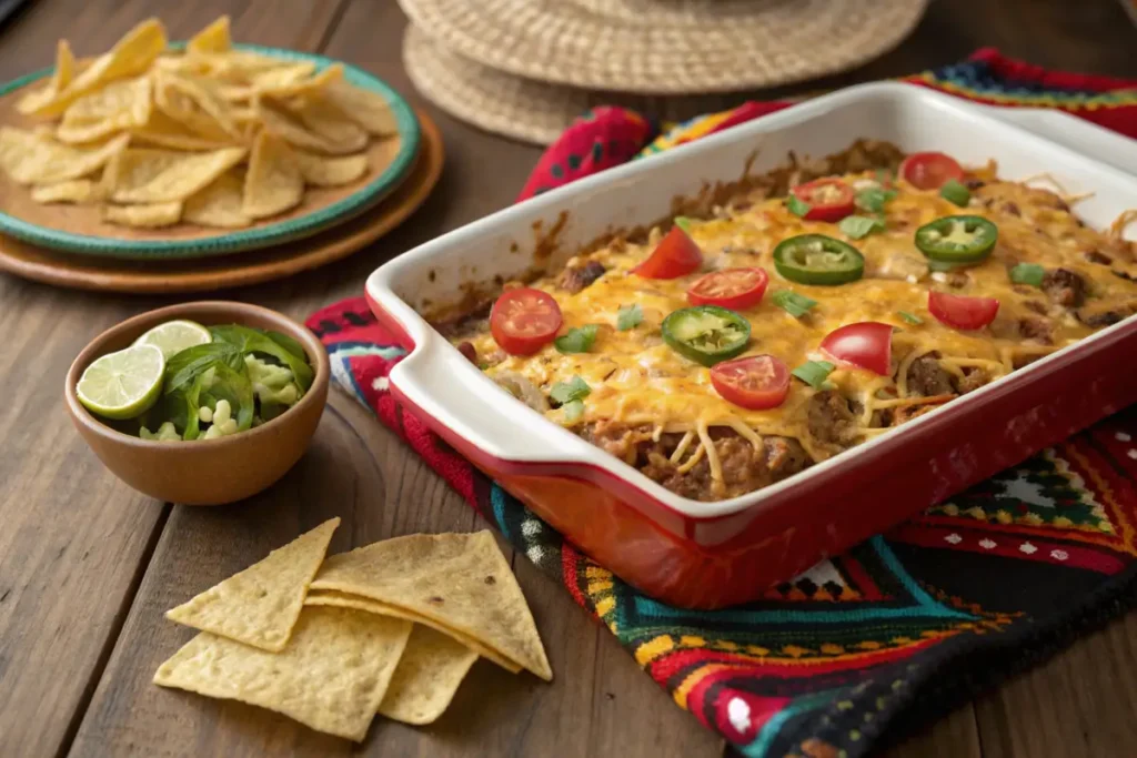 Walking taco casserole with fresh toppings