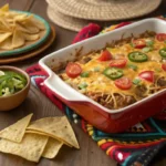 Walking taco casserole with fresh toppings