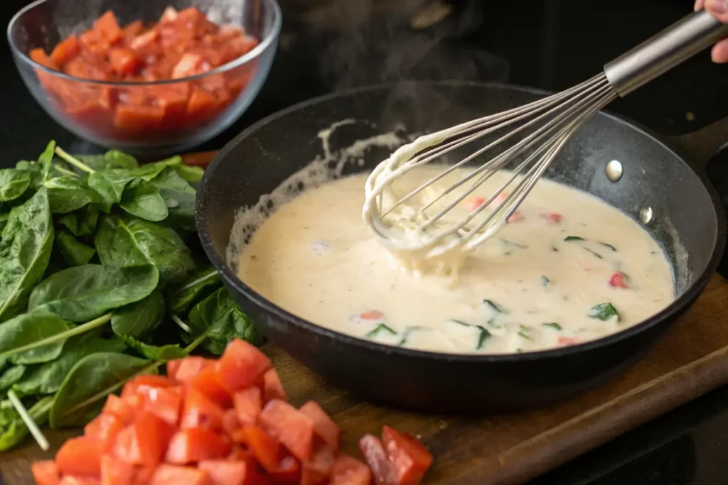 Creamy garlic sauce being whisked in a skillet for pasta