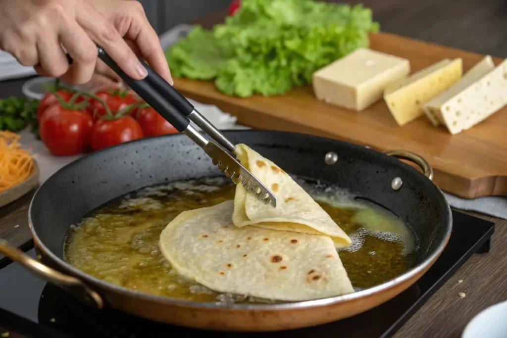 Frying a taco in hot oil with fresh ingredients in the background